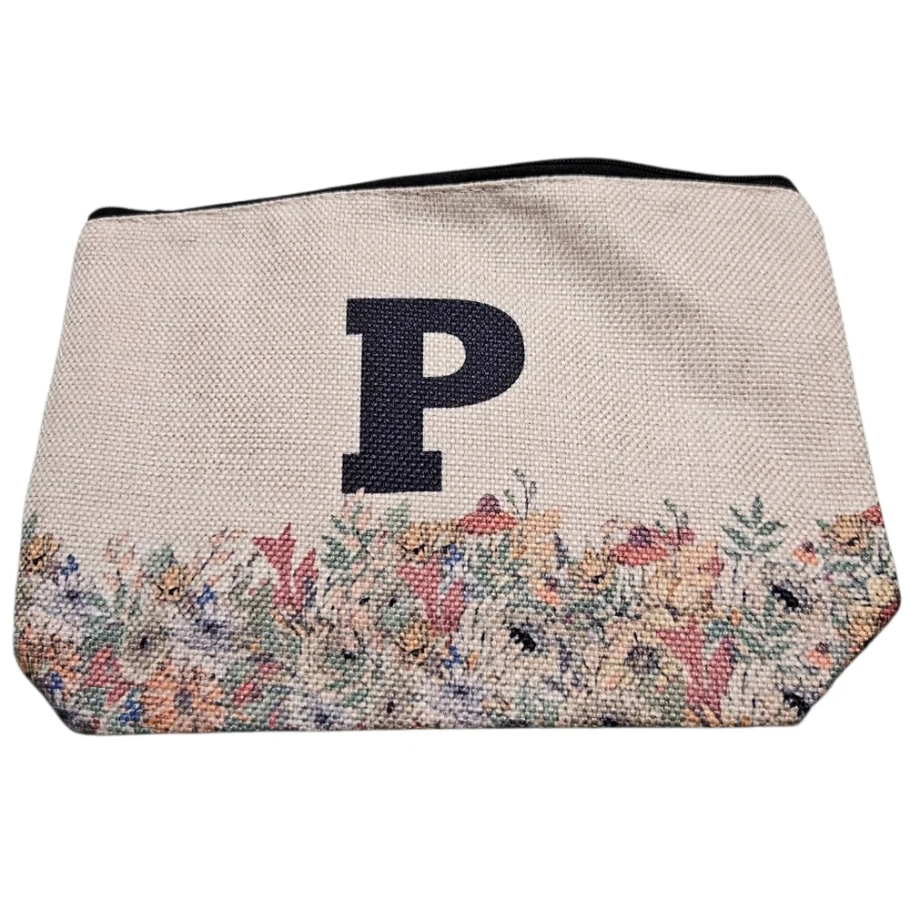 Floral Canvas Zip Pouch with Black “P” Monogram